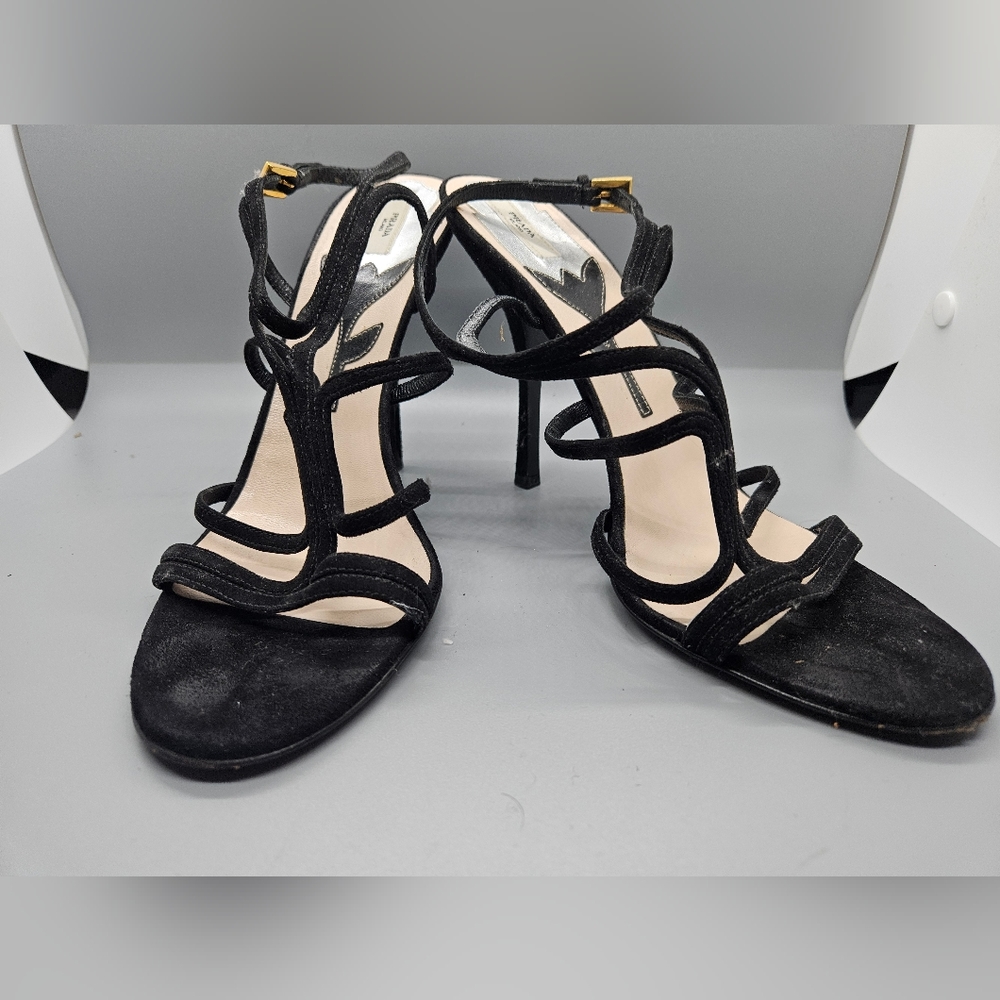 PRADA Black Suede Leather Slingback Strappy Cage Heels size 40